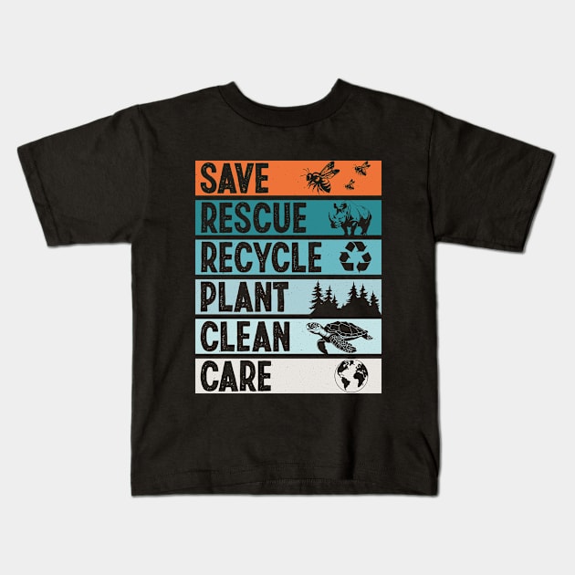 Vintage Earth Day Save Rescue Recycle Plant Clean Care 2024 Kids T-Shirt by ANAREL